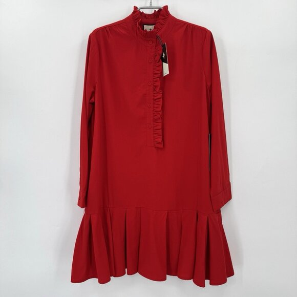 Tuckernuck Red Stretch Crepe Tate Dress sz M Long Sleeve Flounce Mini Ruffle NWT - Picture 2 of 8